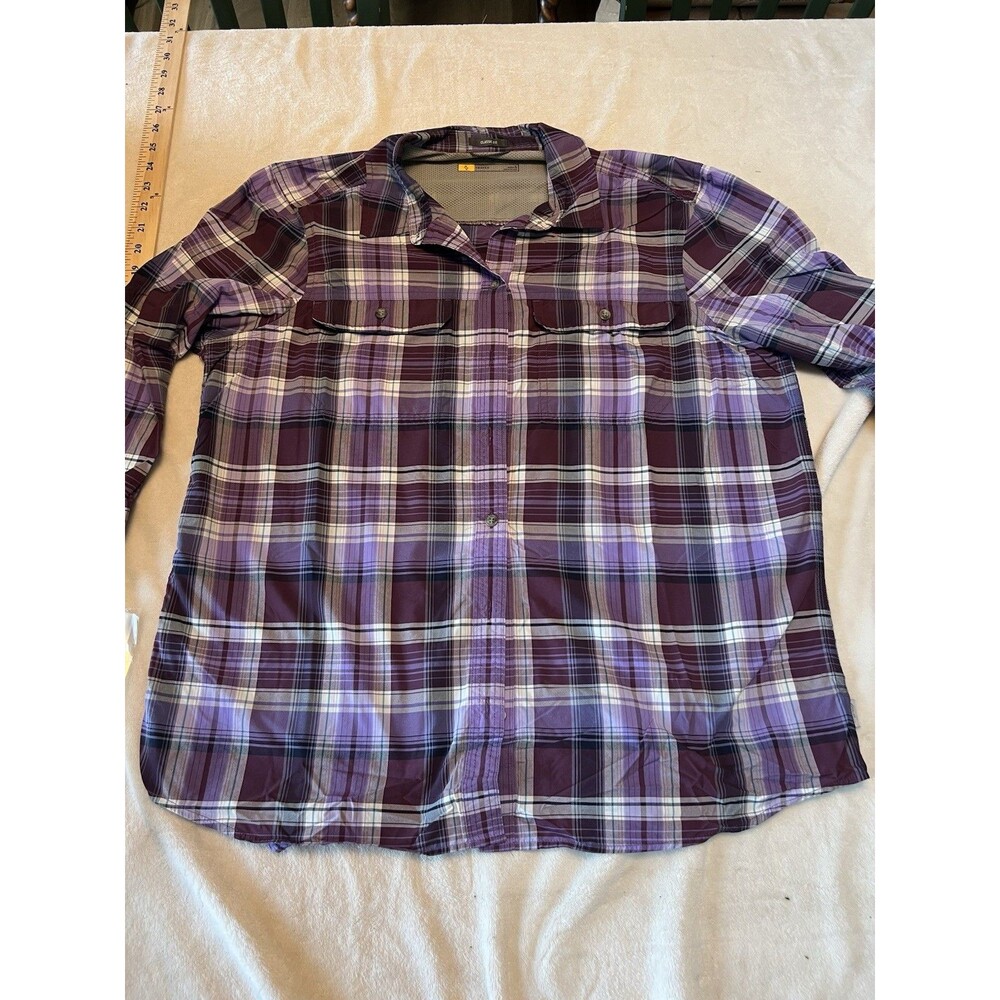 Eddie Bauer Travex Women’s Classic Fit L Purple Plaid Long Sleeve Shirt Pockets